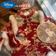 迪士尼女童公主裙拜年服2025新款周歲禮服女寶寶洋氣新年裙子冬款 迪士尼7066-新年紅 80