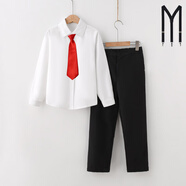 鐳鐳鴨學(xué)生校服春秋夏秋款兒童表演服套裝白色長袖襯衫幼兒園演出服禮服 白長袖+長褲+背帶+紅領(lǐng)帶 120 cm
