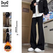 貓人褲子男秋季冬裝美式高街cleanfit西褲款加絨加厚休閑直筒微喇褲 K53黑色 2XL （建議150-165斤）