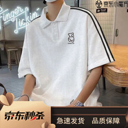 BEYZK日系港風(fēng)polo衫短袖t恤男士夏季寬松休閑翻領(lǐng)小眾體恤上衣 H12白灰色-跳步熊小圖 H12白灰色 M 建議80-100斤
