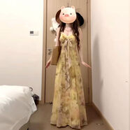 小紅書(shū)爆款法式度假風(fēng)長(cháng)裙夏季收腰顯瘦黃色氣質(zhì)露腰印花吊帶洋裝 黃色 S S