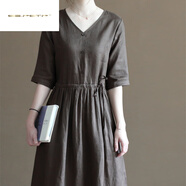 夏典素訂女王（SE.PSTP）法國單尾女森系亞麻娃娃裙短袖棉麻苧麻連衣裙 深咖啡色【少量現貨】今年流行的 XL 【建議120-140斤】
