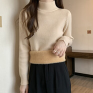 蘑菇同學(xué)加絨加厚一體絨半高領(lǐng)毛衣女秋冬胖mm大碼打底衫顯瘦內搭針織上衣 淺駝色 L 【建議100-120斤】