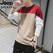 JEEP SPIRIT吉普男撞色拼接長(zhǎng)袖T恤2025春秋季圓領(lǐng)衛(wèi)衣休閑上衣套頭加絨體恤 331酒紅 M