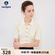 Navigare意大利小帆船短袖針織衫女士夏季舒適修身小外套中袖開衫短款T恤 椰奶白 S 碼