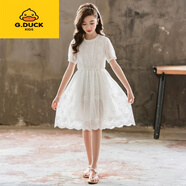 G.DUCKKIDS女童白色連衣裙春夏2025新款女孩裙子春裝中大童蕾絲公主裙超洋 白色 150
