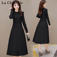 拉夏貝爾（La Chapelle）針織連衣裙女裝2025春秋新款氣質(zhì)百搭網(wǎng)紗拼接小個(gè)子毛衣打底裙冬 黑色 S 建議【80-95】