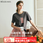 Olrain歐芮兒法式深灰色短袖T恤女夏季2025新款寬松刺繡圓領(lǐng)上衣 深灰色 S
