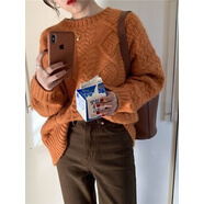 NJTD新款秋冬粗毛線(xiàn)麻花毛衣女套頭寬松慵懶風(fēng)加厚外穿冬季上衣均碼 桔色