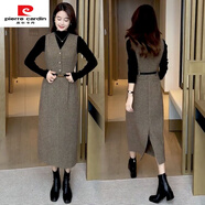 皮爾卡丹（pierre cardin）時(shí)尚套裝毛呢背心裙秋冬裝女長(cháng)款小香風(fēng)打底裙洋氣質(zhì)感連衣裙 咖色裙+黑毛衣【套裝】 L