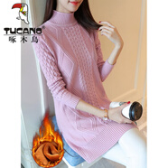 啄木鳥(niǎo)羊毛衫女加厚加絨毛衣中長(cháng)款2026韓版新款大碼半高領(lǐng)打底針織衫 粉紅色【加/絨加/厚】 S 建議90-100斤