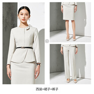 漣影高端職業(yè)西裝套裝女氣質(zhì)美容師酒店前臺接待工裝珠寶店工作服 【3件套】青灰色西裝+半裙+褲子 S