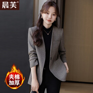 晨芙無(wú)領(lǐng)西裝外套女神范復古氣質(zhì)休閑小個(gè)子氣質(zhì)短款夾棉加厚西服上衣 (夾棉)灰色西裝 XL 建議118-128斤