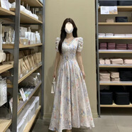溥畔大碼女裝甜美碎花連衣裙高腰顯瘦夏季新款絕美仙女度假長(zhǎng)裙 花色 M 建議90-斤