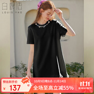 白鹿語夏季圓領(lǐng)釘珠甜美花邊連衣裙網(wǎng)紗拼接寬松顯瘦短裙 黑色  M 