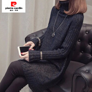 皮爾卡丹（pierre cardin）加絨加厚秋冬高領(lǐng)毛衣裙女套頭韓版寬松保暖拼色內搭針織打底衫潮 黑色 單件 M 95-105斤