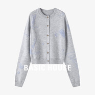 Basic House/百家好卡通刺繡開(kāi)衫外套秋季綿羊毛圓領(lǐng)長(cháng)袖針織衫女 煙灰色 L （105-120斤）