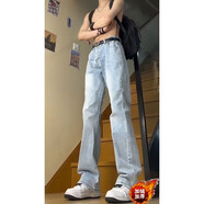 益帛微喇牛仔褲男士冬季加絨美式高街黃泥染做舊寬松休閑直筒長(cháng)褲子男 淺藍色加絨 L 【建議105-120斤】