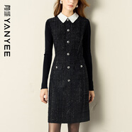 顏域娃娃領(lǐng)長(cháng)袖收腰連衣裙女2025秋季高級感氣質(zhì)短款裙子 黑色 M