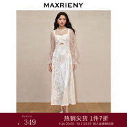 MAXRIENY【商場(chǎng)同款】精致復古感吊帶蕾絲網(wǎng)紗拼接鉆石絨連身裙 米白 L 03