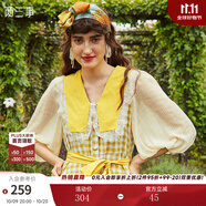 兩三事梵高系列 向夏日葵 夏季新款復(fù)古蕾絲格子印花連衣裙 黃色-y L