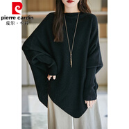 皮爾卡丹（pierre cardin）秋冬高領(lǐng)針織衫斗篷毛衣大碼顯瘦寬松中長(cháng)款慵懶不規則蝙蝠上衣女 黑色  S 【80-90斤】