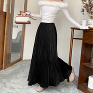 絲絨半身長(cháng)裙褶皺冬款新款寬松顯瘦a字百褶裙垂墜感傘裙百搭時(shí)尚 黑色 均碼 80-150斤
