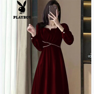 花花公子（PLAYBOY）大碼法式氣質(zhì)長(cháng)袖紅色連衣裙女春季胖mm顯瘦感敬酒訂婚禮服裙 車(chē)厘子紅【2025年新款/今年流行/多巴胺絕美官方旗艦版 3XL 【145-160斤】