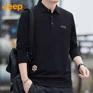 吉普（JEEP）長袖T恤男士春秋季polo寬松休閑打底衫衣服男裝 黑色 4XL 