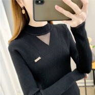 香影純時(shí)尚蕾絲網(wǎng)紗毛衣女秋冬內搭彈力針織打底衫2025年新爆款春秋上衣 黑色 S (建議95斤以?xún)?