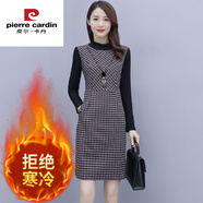 皮爾卡丹（pierre cardin）千鳥格子長袖連衣裙女2025新款春秋氣質(zhì)配大衣小個子中年媽媽洋氣 加絨加厚 今年流行的輕奢品牌 M (建議95-104斤)