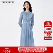 BUOUBUOU藍(lán)顏知己2025秋冬新品高腰壓褶拼花邊雪紡順紆縐連衣裙女 藍(lán)色L56 XL