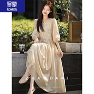 羅蒙（ROMON）女裝刺繡圓領(lǐng)連衣裙女2025年新款夏季國風(fēng)時(shí)尚宮廷風(fēng)月光小白裙子 香檳色 L