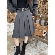 百褶裙秋冬款小個(gè)子大號灰色羊毛百褶裙高腰蓋臀中裙及膝裙秋冬a 灰色 贈送皮帶 M