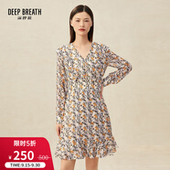 深呼吸DEEP BREATH女裝印花造型洋裝高腰雪紡連衣裙A500189 杏底藍花 S (2碼)