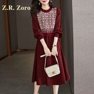 Z.R.Zoro奢侈品連衣裙女2025秋冬新款復(fù)古洋氣內(nèi)搭打底毛衣長(zhǎng)袖針織長(zhǎng)裙女 酒紅色 XL