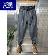 羅蒙（ROMON）2025秋季新款網(wǎng)紅條紋休閑褲男毛呢潮流百搭哈倫褲寬松錐形蘿卜褲 灰色6370 28 80-89斤