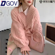 DGOV加厚版韓國V領(lǐng)麻花燈籠袖套頭毛衣女秋季新款慵懶寬松針織上衣 粉色【版】 M （95-110斤）