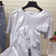 圓領(lǐng)珠光亮面短袖T恤女潮閃閃反光銀色寬松表演服飾上衣小衫夏 銀色 S