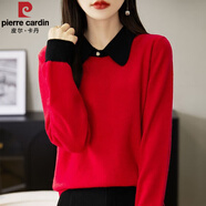 皮爾卡丹針織套頭羊毛衫女士秋冬新款法式上衣翻領(lǐng)寬松拼色毛衣外穿打底衫 紅色黑色領(lǐng)[好品質(zhì)] 常規 L 建議115-125斤
