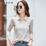 SRSW 春秋新款長(cháng)袖T恤女條紋POLO領(lǐng)打底衫女日韓休閑百搭上衣t恤顯瘦 紫色條紋 L （建議105-115斤）