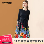 歐迪鳥（ODYBIRD）印花七分袖連衣裙女2025秋季新款系帶修身顯瘦輕熟風(fēng)大擺裙子 黑色 S