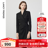 朗姿設(shè)計感ol風(fēng)氣質(zhì)顯瘦西裝裙冬季新款法式長袖高級感連衣裙 黑色2 L