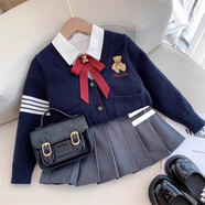 鐳鐳鴨女童jk制服套裝秋裝2025春秋新款小女孩學院風三件套兒童針織外套 藏青色開衫+紅領(lǐng)結(jié)襯衫+百褶裙三件套 110 尺碼(適合100cm左右)