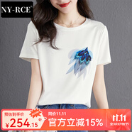 NY-RCE短袖t恤女夏季2025新款短款上衣百搭潮流印花減齡小白t恤 羽毛 M 90-105斤