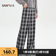 三福休閑褲2025秋季花邊松緊腰格子寬松闊腿褲長褲女裝509663 黑白格 S