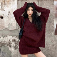 熒蒂秋冬季穿搭紅色針織衫毛衣包臀短裙搭配一整套裝連衣裙2025新款女 酒紅色1 M