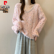 皮爾卡丹（pierre cardin）粉色彩點(diǎn)V領(lǐng)毛衣女春秋2025大碼胖mm獨特漂亮上衣重工燙鉆針織衫 淺粉毛衣【氣質(zhì)名媛高端/奶里奶氣/時(shí)尚洋氣/港味復 2XL 【建議130-145斤】