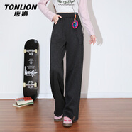 唐獅（TonLion）加絨褲子女裝秋冬季新款休閑直筒褲人字紋肌理高級感拼接顯瘦長(cháng)褲
