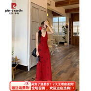 皮爾卡丹（pierre cardin）大尺碼吊帶連衣裙女夏季收腰顯瘦紅色包臀裙子胖MM小眾斜裁露背裙 紅色背心裙 L (建議100~120斤)